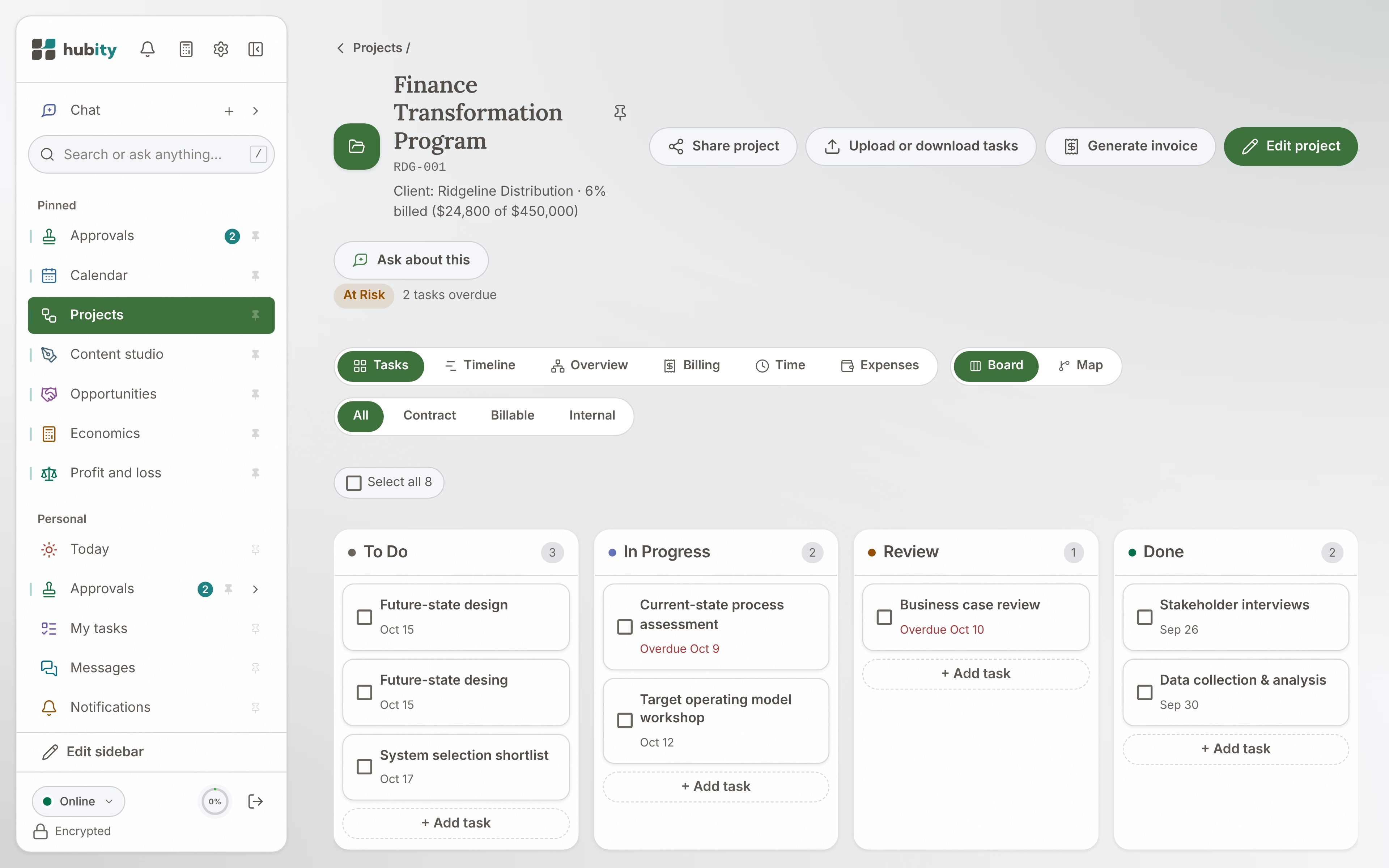Un écran de projet avec ses tâches, son équipe, son planning et sa facturation au même endroit.
